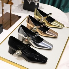 5288-K86 Retro style Banquet Women's Shoes with Medium Heel, Thick Heel, Shallow Mouth, Square Head, Water Diamond Buckle, One Word Strap, Single Shoe for Women