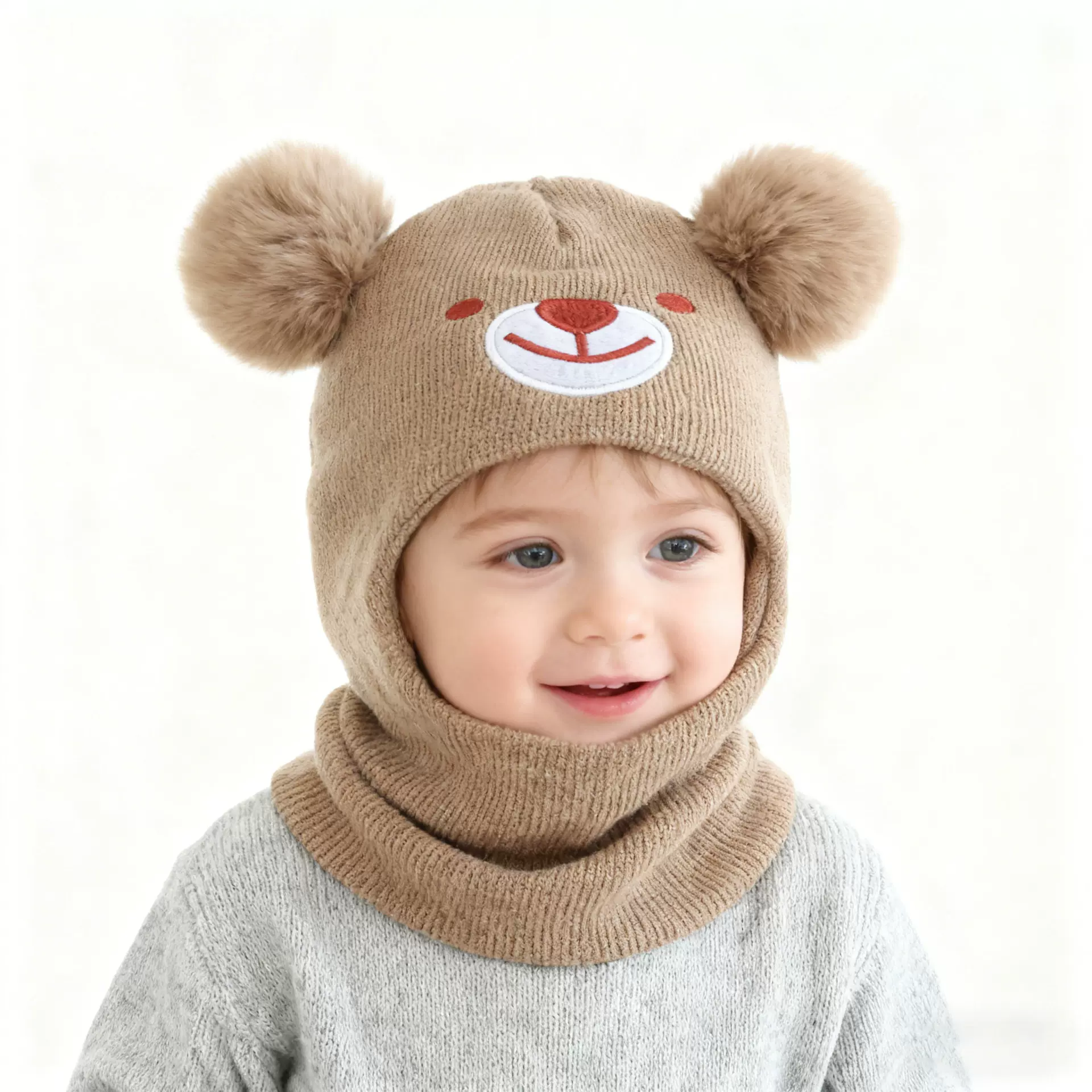 儿童帽子秋冬季男童女童加绒防风护耳毛球帽宝宝一体可爱毛线帽潮