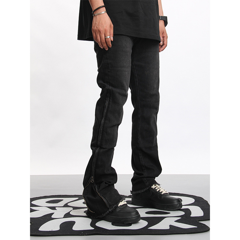 AKAMA pantalones sueltos de calle alta con cremallera, pies delgados, jeans negros elásticos, pantalones micro-acampanados de moda para hombres