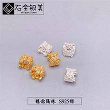 S925银桶珠大孔金色镶钻锆石垫隔片配件DIY手工串珠手链隔珠饰品