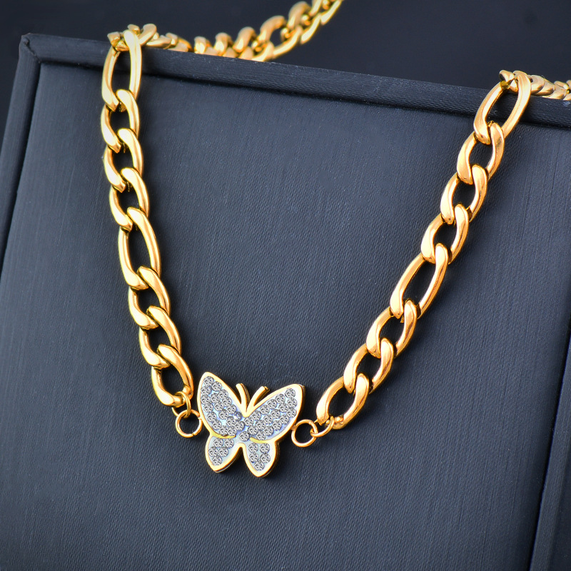 Fashion Butterfly Titanium Steel Inlay Inlaid Gold Artificial Gemstones Necklace 1 Piece