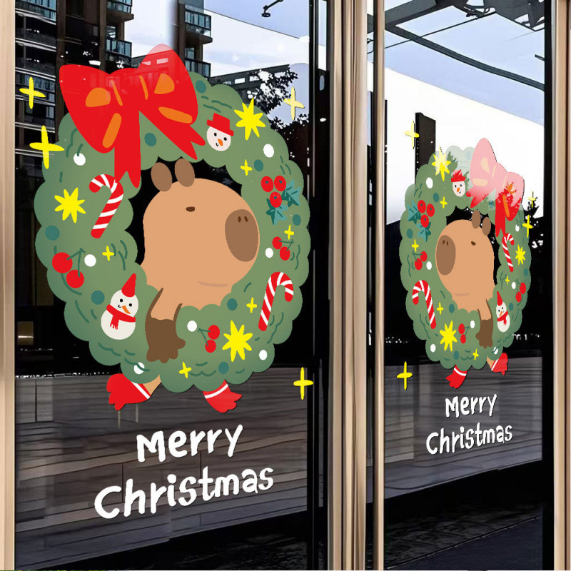 2026圣诞节装饰品静电贴纸布置花环卡皮巴拉商场橱窗玻璃门贴窗贴