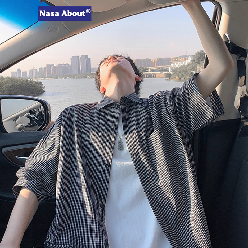 Nasa Cotton Casual Plaid Shirt Men's Summer 2025 New High-End Lapel Shirt Thin Short-Sleeved Jacket
