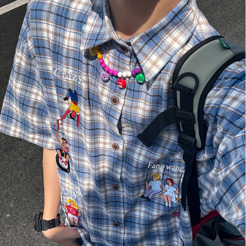 Wenli American Retro Character Embroidered Shirt, Spring and Autumn Unisex Short-Sleeved Top, Couple's Outfit, Half-Sleeved Shirt, High Quality