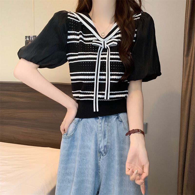 2025 Summer New Korean Style Preppy Style Navy Collar Puff Short-Sleeved Slim Stripesd Knitwear Top for Women