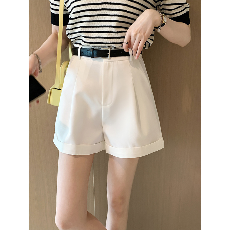 Curled Suit Shorts for Women Summer 2025 Casual Fashion Loose Thin Slimming Look High Waist A-Line Khaki Wide Leg Pants