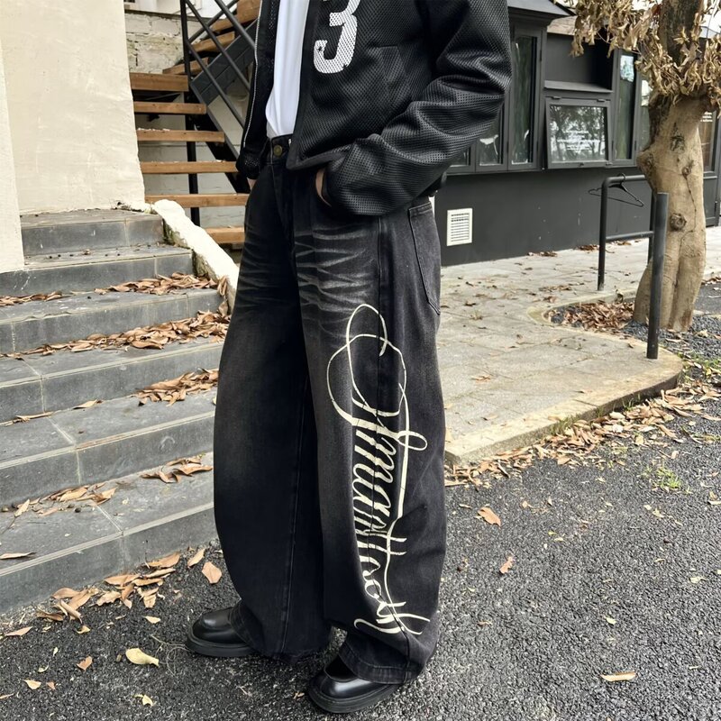 Retro High-End Splicing Work Jeans for Boys, Loose Design, Niche High Street Wide-Leg Draped Straight Pants Retro High-End Splicing Work Jeans for Boys, Loose Design, Niche High Street Wide-Leg Draped Straight Pants