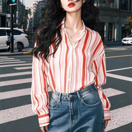 2025春季新款爆款高级感轻奢减龄洋气红色条纹休闲别致独特衬衫女