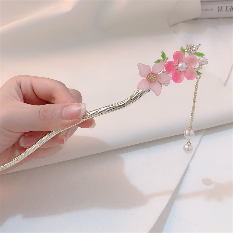 Hada estupenda estilo antiguo accesorios para el cabello rosa perla borla horquilla Hanfu updo horquilla cheongsam palillos paso sacudida tocado