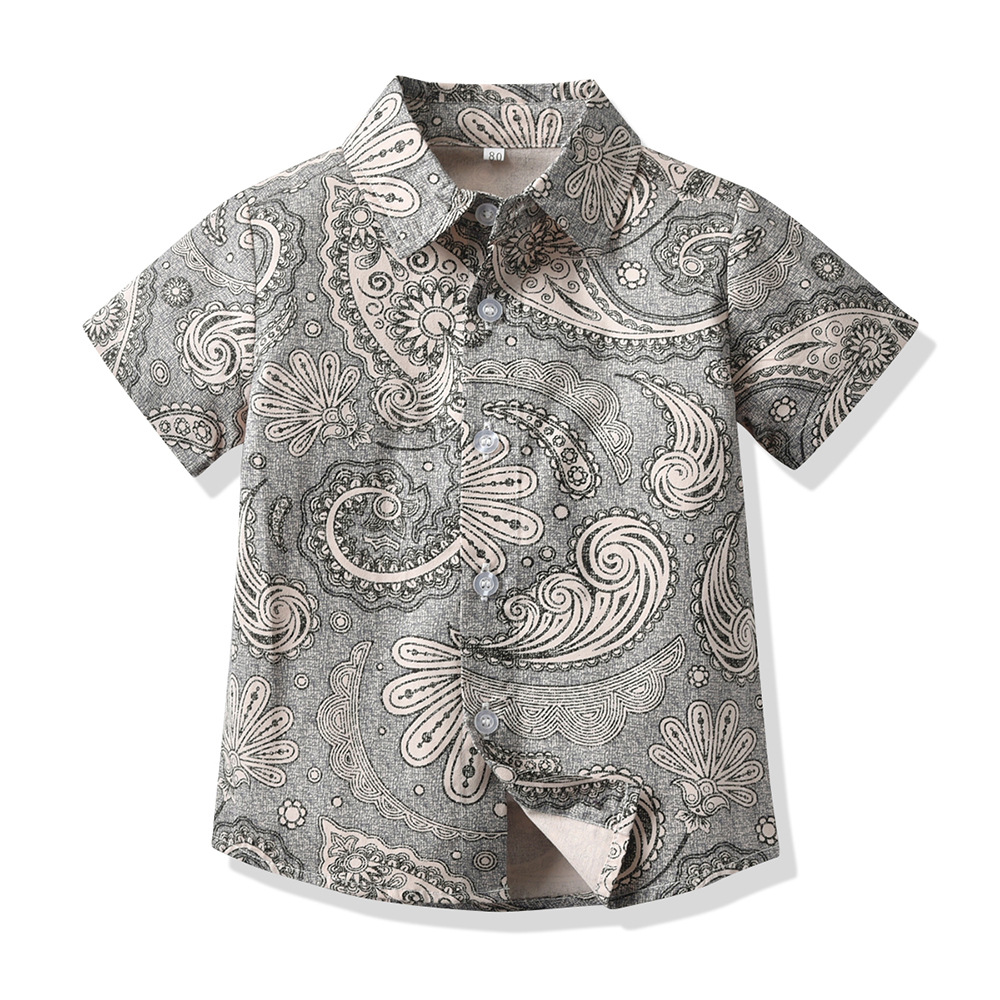 Camisas de comercio exterior para niños Cárdigan de solapa de flores de manga corta de verano 2025 para niños, tops de algodón casuales de todo fósforo, nueva ropa