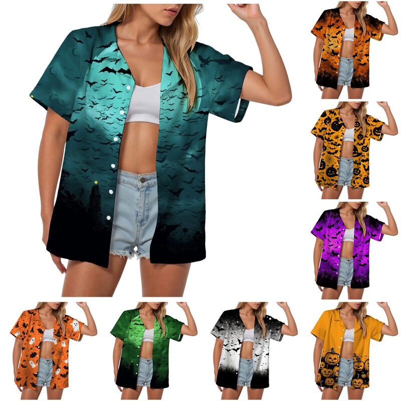 2025 Cross-Border Amazon Summer New Women's Halloween Ghost Evil Smiley Pumpkin Print Short-Sleeved Shirt