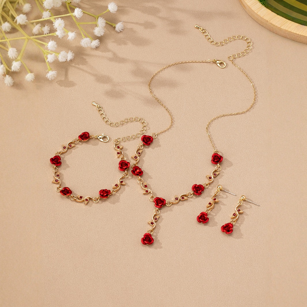 French Retro Girl Mori Super Fairy Rose Necklace Gentle Girly Temperament All-match Bracelet Earrings Women