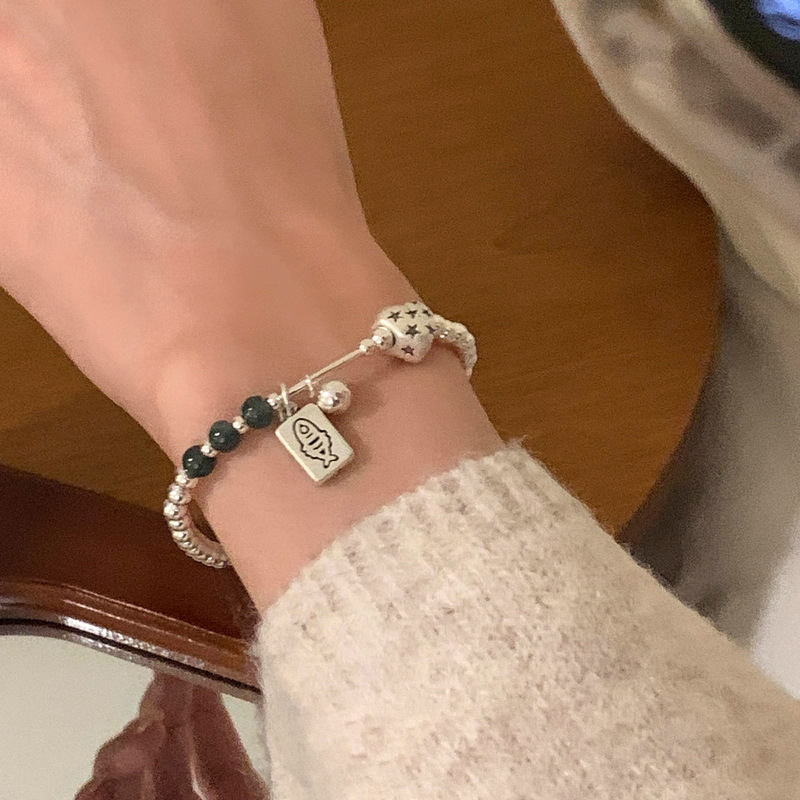 S925 Sterling Silver Same Style Niche High-End Accessible Luxury Exquisite Pendant Heart Elastic Rope Bracelet Women's Retro Hand Jewelry New Product