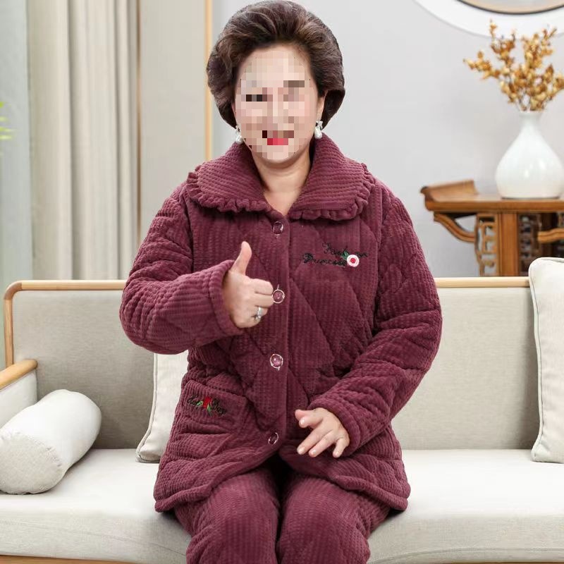 加厚睡衣女冬季珊瑚绒三层夹棉加绒袄中老年人外穿保暖家居服套装