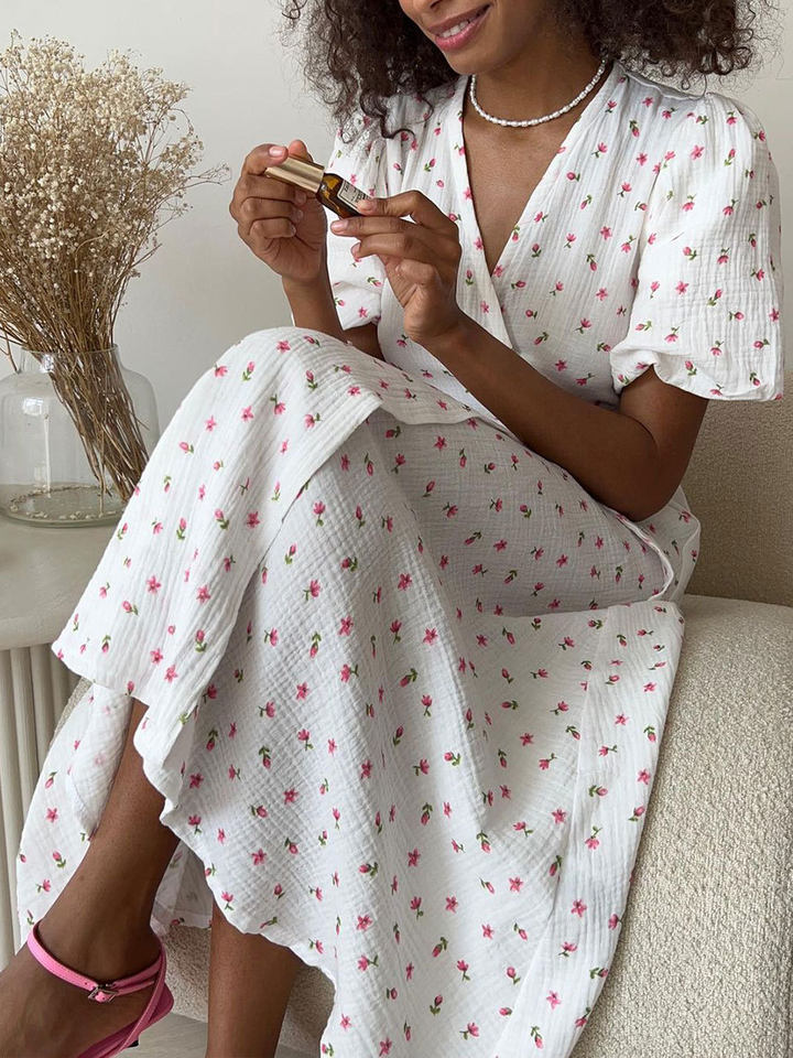 Đầm liền cotton in hoa cổ chữ V tay bồng buộc dây lưng cao — Hoa oải hương, Hoa tulip màu hồng, Màu be, Màu hồng chi tiết 131