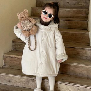 Children's Cotton-padded Clothes Girls' Coat Winter Western Style Hooded fleece-lined Baby Warm Loose Cotton-padded Coat Mid-length Thickened