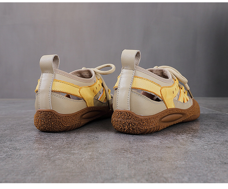 Sandal nữ da bò thật đục lỗ phong cách cổ điển buộc dây — màu vàng chi tiết 15