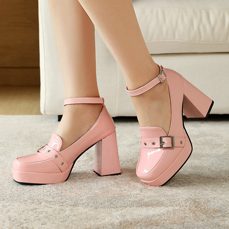 Black High-Heeled Shoes, Patent Leather, Chunky Heel, Super High Heel, Belt Buckle, Mary Jane Shoes, Gothic Style, Sweet and Cool Lolita Shoes