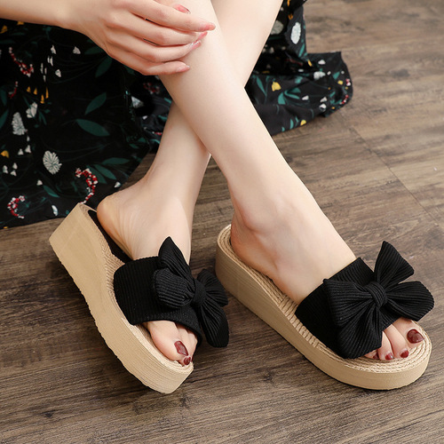 Women's 2025 European and American-style Fashionable Thick-Soled Slide Sandals with Elastic Strap, Bow, and Wedge Heel—Perfect for Summer