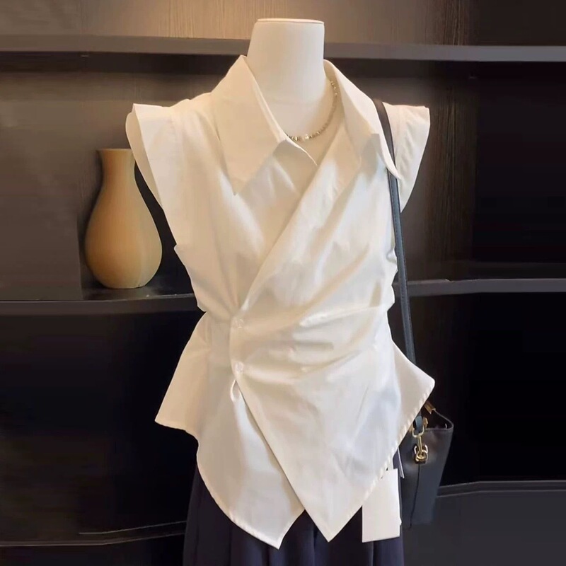 French-Style Solid Color Pleated Irregular Collar Waist-Cinching Sleeveless Shirt for Women, New Summer Fashion Chic Top French-Style Solid Color Pleated Irregular Collar Waist-Cinching Sleeveless Shirt for Women, New Summer Fashion Chic Top