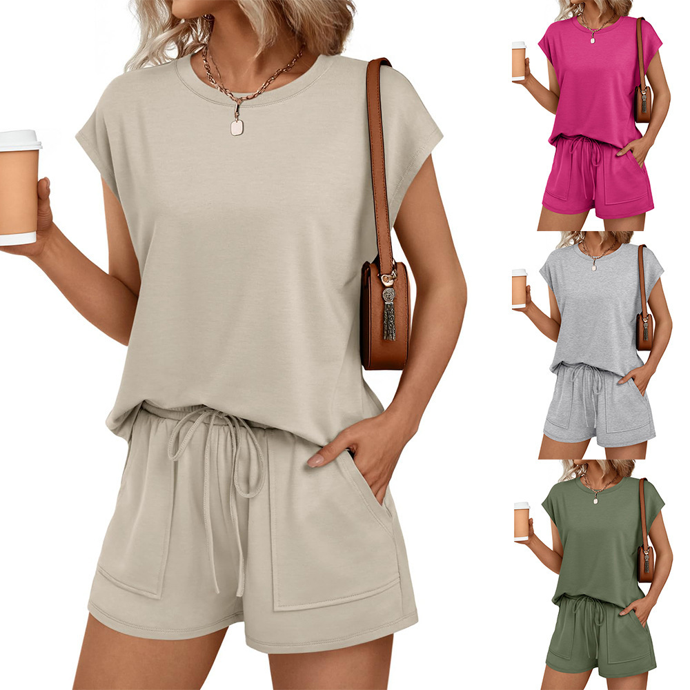 2026 New Summer Amazon European and American Tk Women's Round Neck Short-Sleeved Shorts Fashion Casual Two-Piece Suit