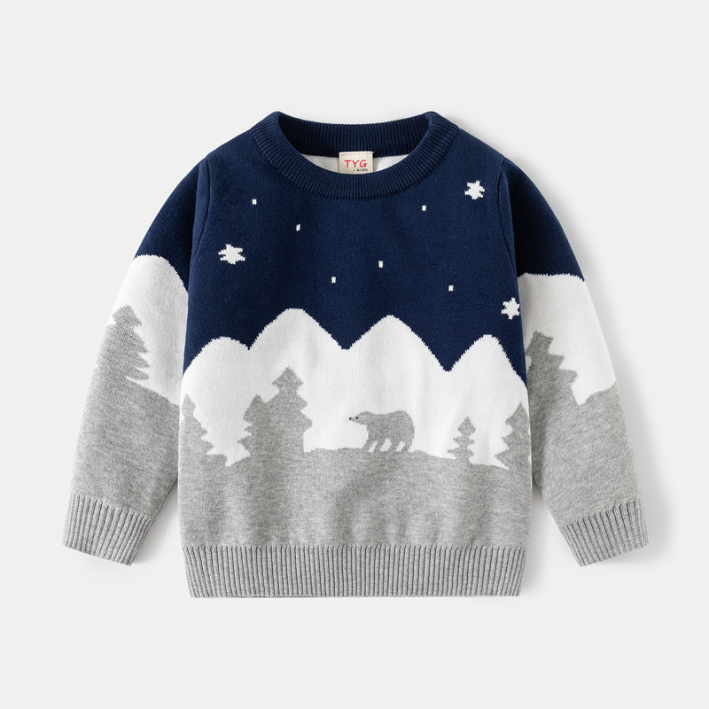 Cross-border direct supply of children's clothing boys' sweater manufacturers wholesale small and medium-sized children's double cotton thread snow mountain bear base sweater