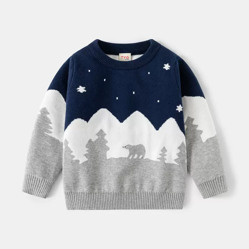 跨境直供童装男童毛衣厂家批发中小儿童双层棉线雪山小熊打底毛衫