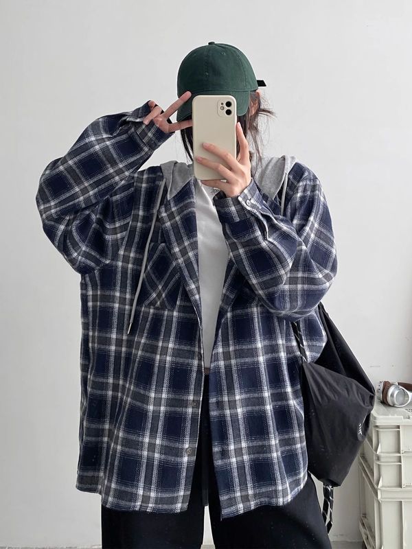 复古连帽格子衬衫女春秋宽松慵懒风小个子格纹衬衣跨境防晒外套女|undefined