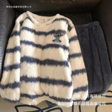 男士秋冬季珊瑚绒睡衣青年圆领卡通休闲运动加厚保暖家居服套批发