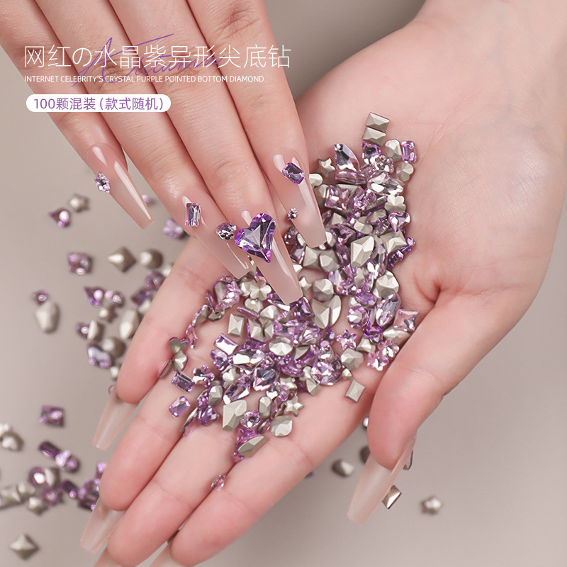 Red de celebridades estilo caliente cristal morado claro diamante de uñas en forma especial fondo puntiagudo pequeño super flash red roja mezcla accesorios de diamantes de uñas al por mayor