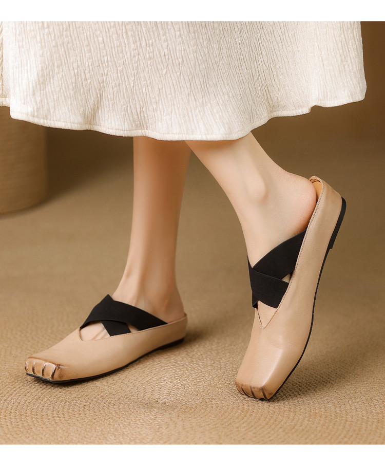 Giày búp bê mũi vuông retro da ngựa, quai sau hở, dép sandal mới hè — đen chi tiết 6