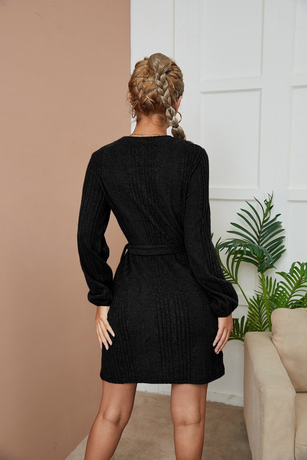 Round Neck Long Sleeve Belt Solid Color Dress NSBJL116515