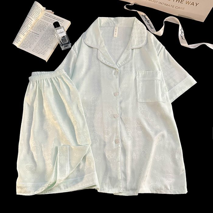 Verano transfronterizo imitación hielo seda KT gato jacquard pijamas pantalones cortos de manga corta para mujer nuevo cárdigan de seda traje fino de servicio a domicilio
