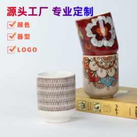 日式风格陶瓷手绘茶杯釉下彩无把牛奶杯定制图案logo手工定制杯
