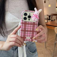 粉格子立体毛绒兔子适用iPhone17苹果16ProMax/15/14手机壳新款女