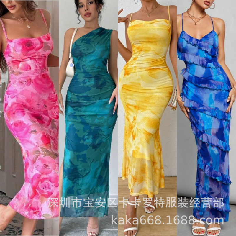 Amazon Long Sexy Women's Dress Tie-Dye Vest Suspender Skirt Dress Export Cross-Border Gown Dress