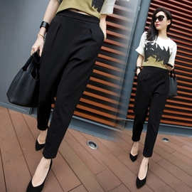 时尚哈伦裤女夏宽松休闲九分裤西装裤子黑色显瘦薄