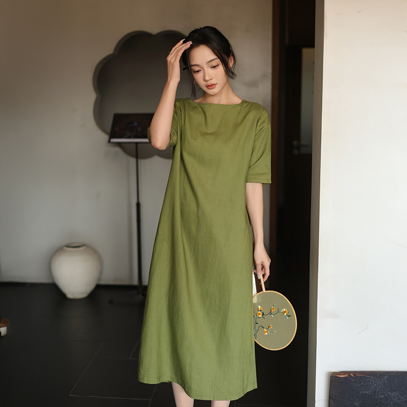 Deer & an Di's New Summer Linen Short-Sleeve Dress with a High-End Feel, Waist-Cinching Design, Slimming Effect, and Japanese-Style A-Line Long Dress