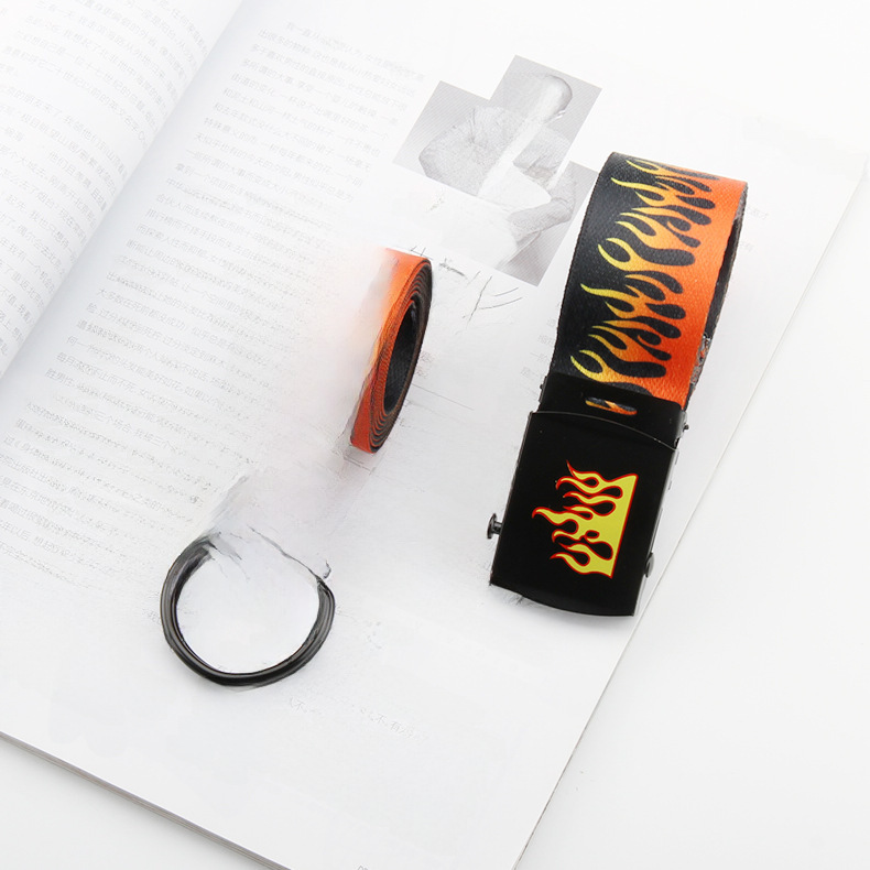 In stock Harajuku fashion hip hop Korean fashion Men's canvas belt personality casual flame belt factory direct supply_viptrois.com