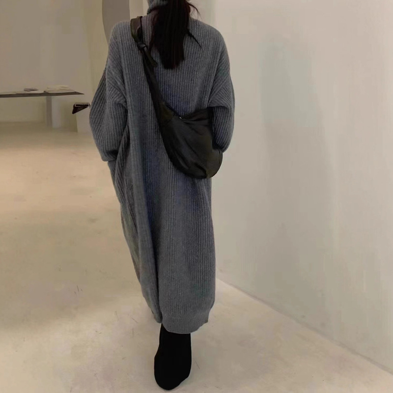 厚实软糯慵懒风粗针毛衣开衫女设计感小众高领中长款针织大外套|undefined