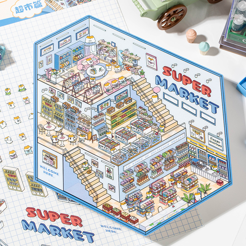 Ink lenguaje estereoscópico miniaturizado pegatinas de paisaje pet mundo de fantasía estudiantes cuentas de mano diy paquete de pegatinas de paisaje