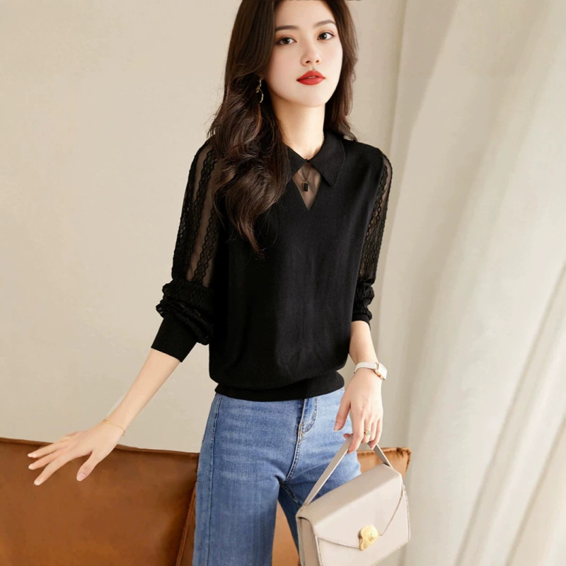 Doll Collar Long-Sleeve T-Shirt for Women, Short Style, 2026 Spring and Autumn New Knitwear, Thin Lace Hollow-Out Top