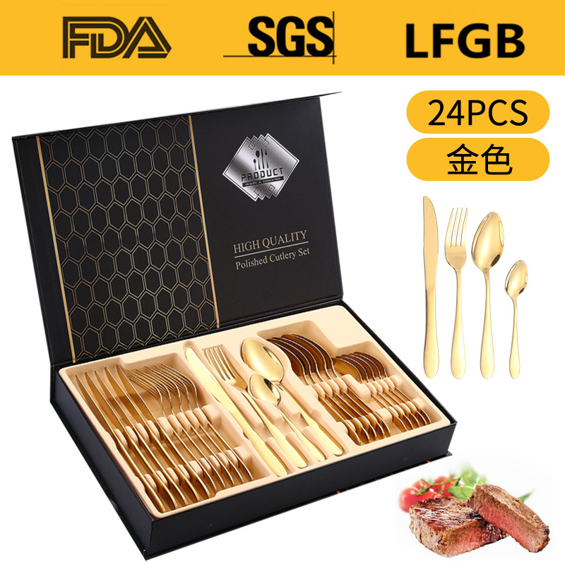 Amazon Tik Tok vajilla de acero inoxidable 24 unidades traje 1012 cuatro piezas principales occidental cuchillo, tenedor y cuchara rack caja regalo