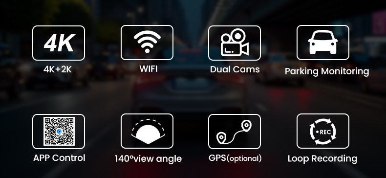 Cross-Border 3inch Screen 4K+2K+Wifi+Gps Front and Rear Dual Recording Ultra-Clear Driving Recorder Wifi Car Internet