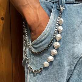 跨境不规则珍珠链条拼接时尚裤链朋克牛仔裤裙子配饰型男辣妹腰链