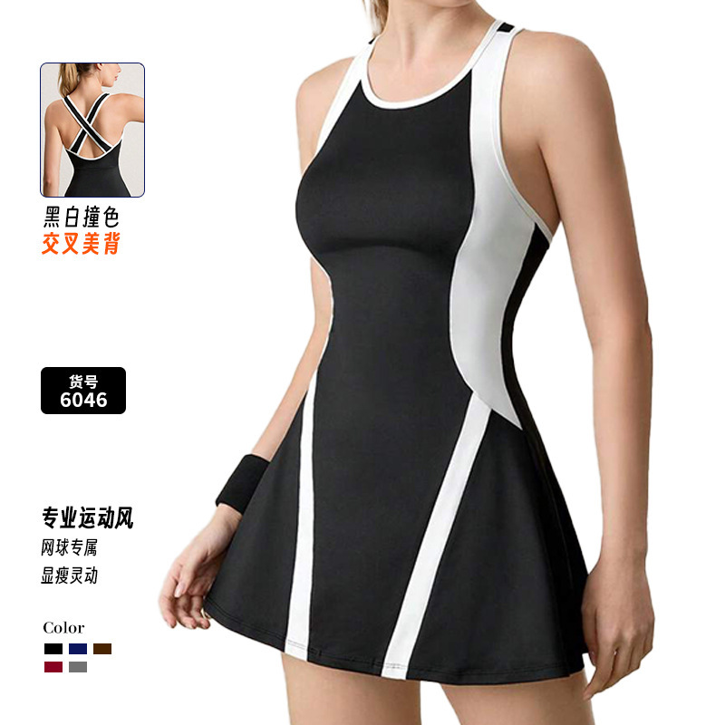Cross-Border Yoga Wear New Style Color-Blocking Cross-Strap Sports Dress Women's Summer Tennis Skirt High-Waisted Slimming Jumpsuit Cross-Border Yoga Wear New Style Color-Blocking Cross-Strap Sports Dress Women's Summer Tennis Skirt High-Waisted Slimming Jumpsuit