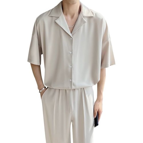 English Light Mature Style Thin Cute Cuban Ice Silk Shirt for Men Short Sleeve Summer Hipster Men's Shirt 2024