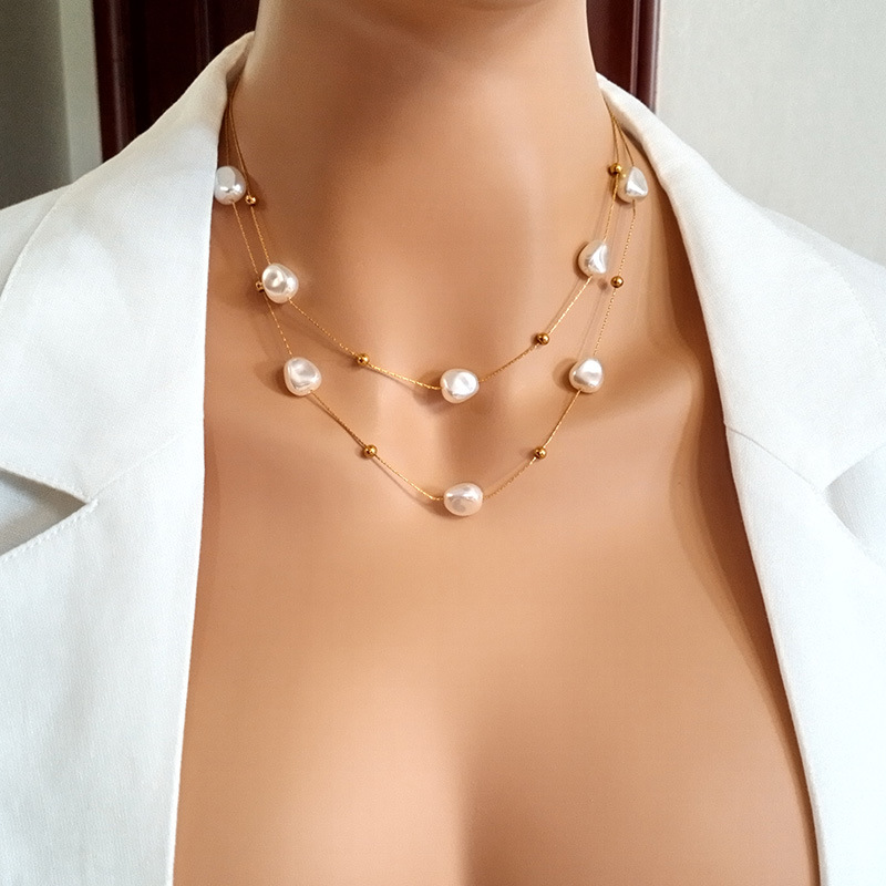 Fashion Geometric Titanium Steel Plating Artificial Pearls Layered Necklaces 1 Piece