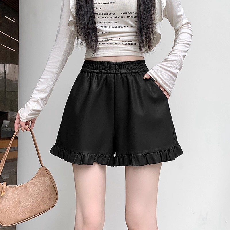 High-Waisted Slimming Ruffled A-Line Versatile Wide-Leg Shorts for Women, Casual Pu Leather, Spring and Autumn, Elastic, Boot-Friendly High-Waisted Slimming Ruffled A-Line Versatile Wide-Leg Shorts for Women, Casual Pu Leather, Spring and Autumn, Elastic, Boot-Friendly