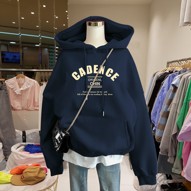 Navy Blue Sweatshirt for Women Spring and Autum 2025 New Thin European Style Loose Hooded Fleece-Lined Thickeneded Top Versatile and Trendy Navy Blue Sweatshirt for Women Spring and Autum 2025 New Thin European Style Loose Hooded Fleece-Lined Thickeneded Top Versatile and Trendy